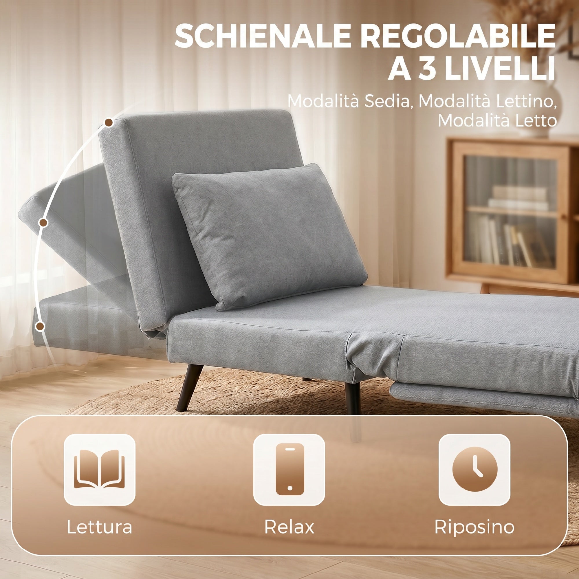 HOMCOM 3-in-1 Sofa Bed with Adjustable Backrest and Cushion, in Light Grey Linen-Effect Fabric
