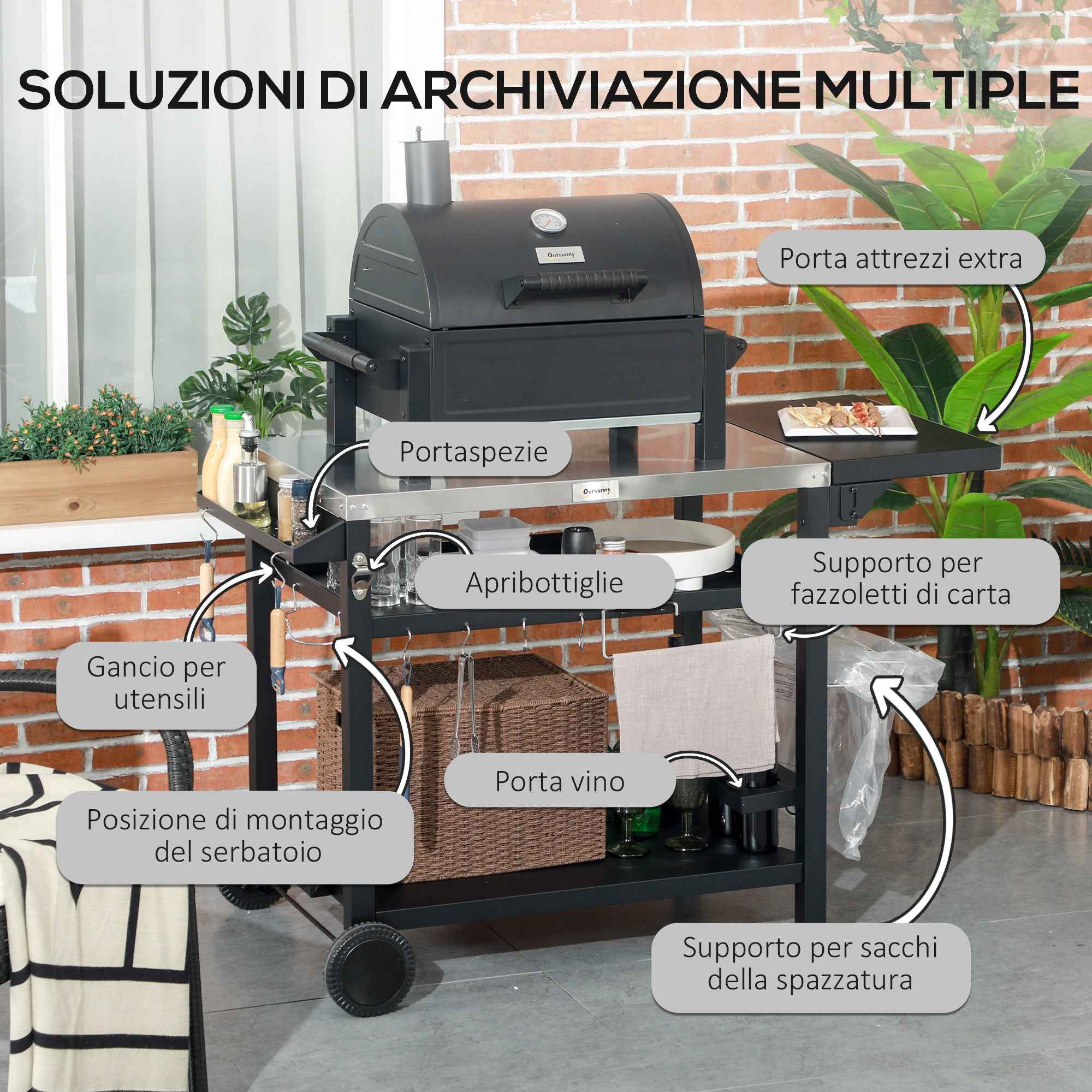 Outsunny Barbecue Cart with Folding Stainless Steel Table, 2 Wheels and Accessories, 125x65x84 cm, Black