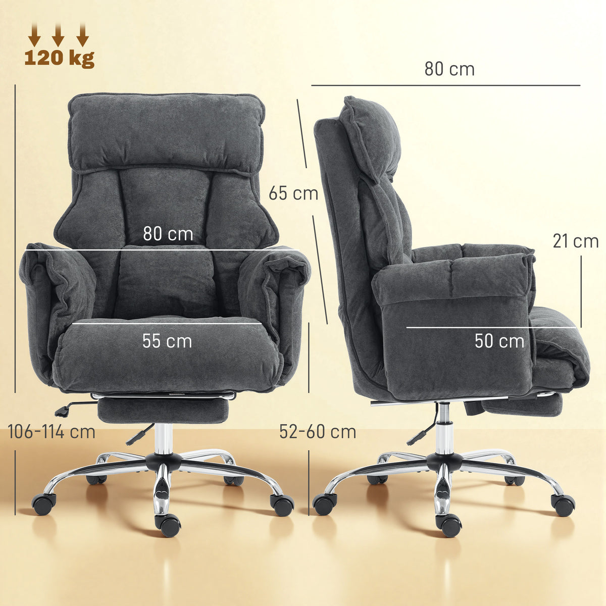 HOMCOM 3-Level Reclining Swivel Office Chair with Double Padded Backrest and Footrest, Flannel, Dark Grey