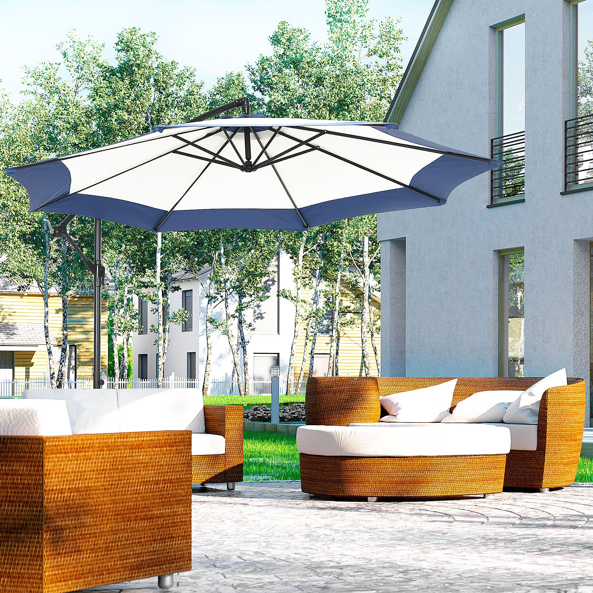 Garden Umbrella with Arm 3x2 m with Crank, Metal and Polyester, Dark Blue and Cream