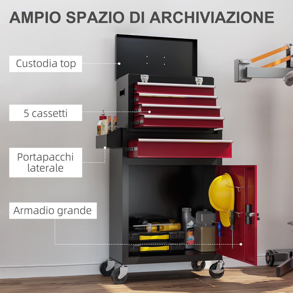 HOMCOM Tool Trolley 5 Drawers, Removable Box and Cabinet with Steel Key, Red - Borgè