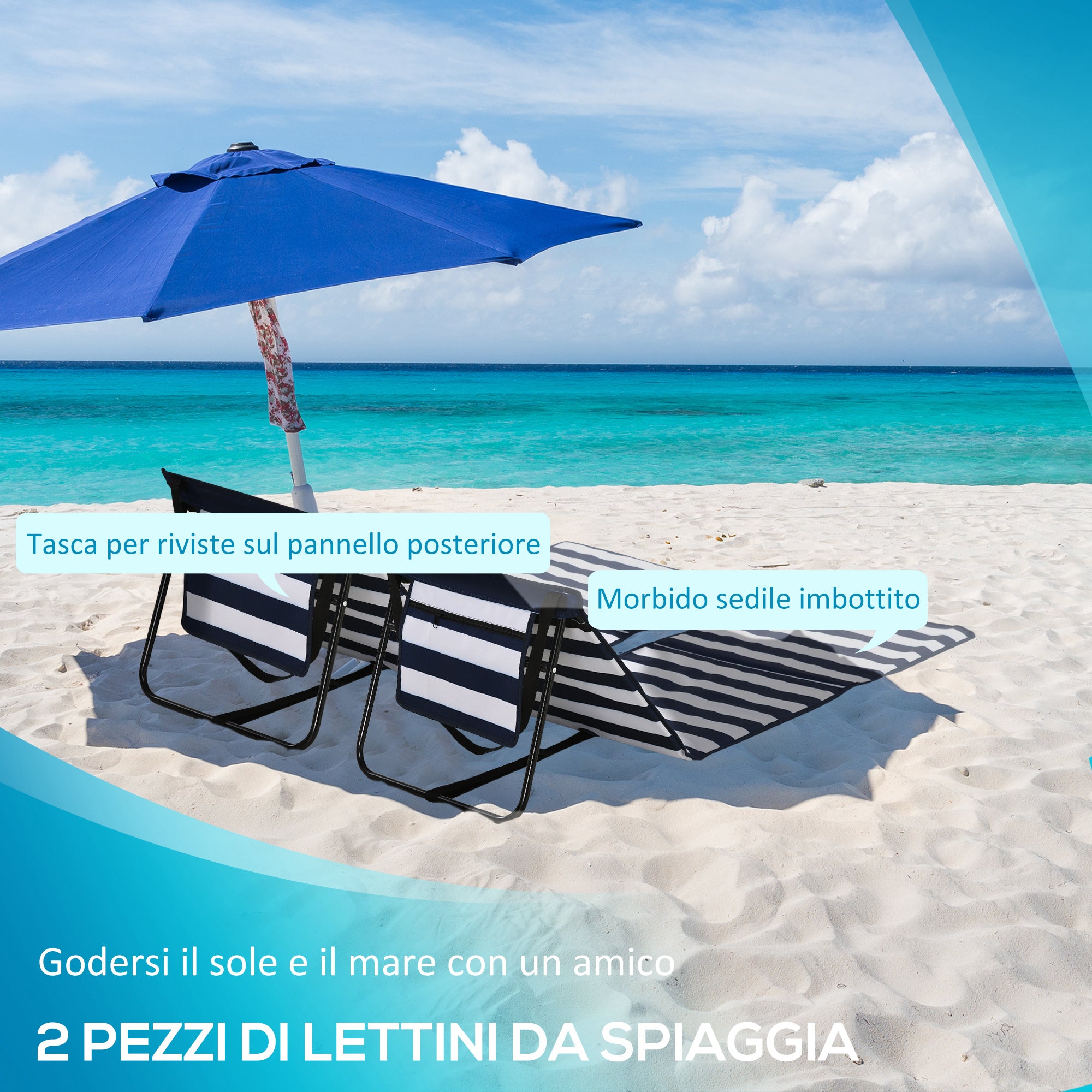 Set of 2 Folding and Adjustable Beach Chairs with Pocket, in Steel and Polyester, 142x51x40 cm, Multicolor