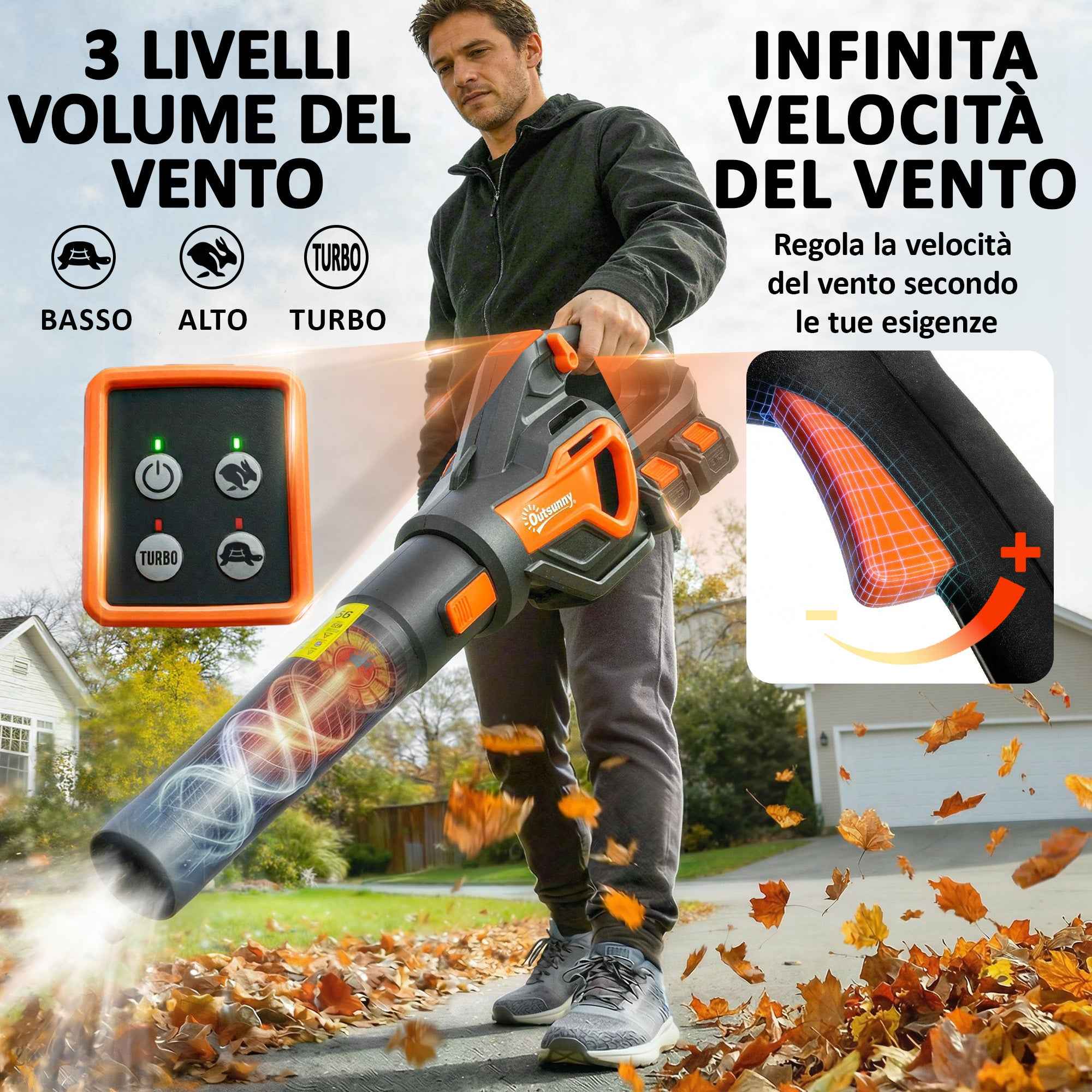 Outsunny 20V Cordless Leaf Blower, 900W Brushless Motor, 3 Speed Levels, Turbo Boost, Battery Charger
