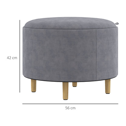 Velvet Storage Pouf 120 kg max with Flip-Top Tray, in MDF and Oak, 56x56x42 cm, Grey