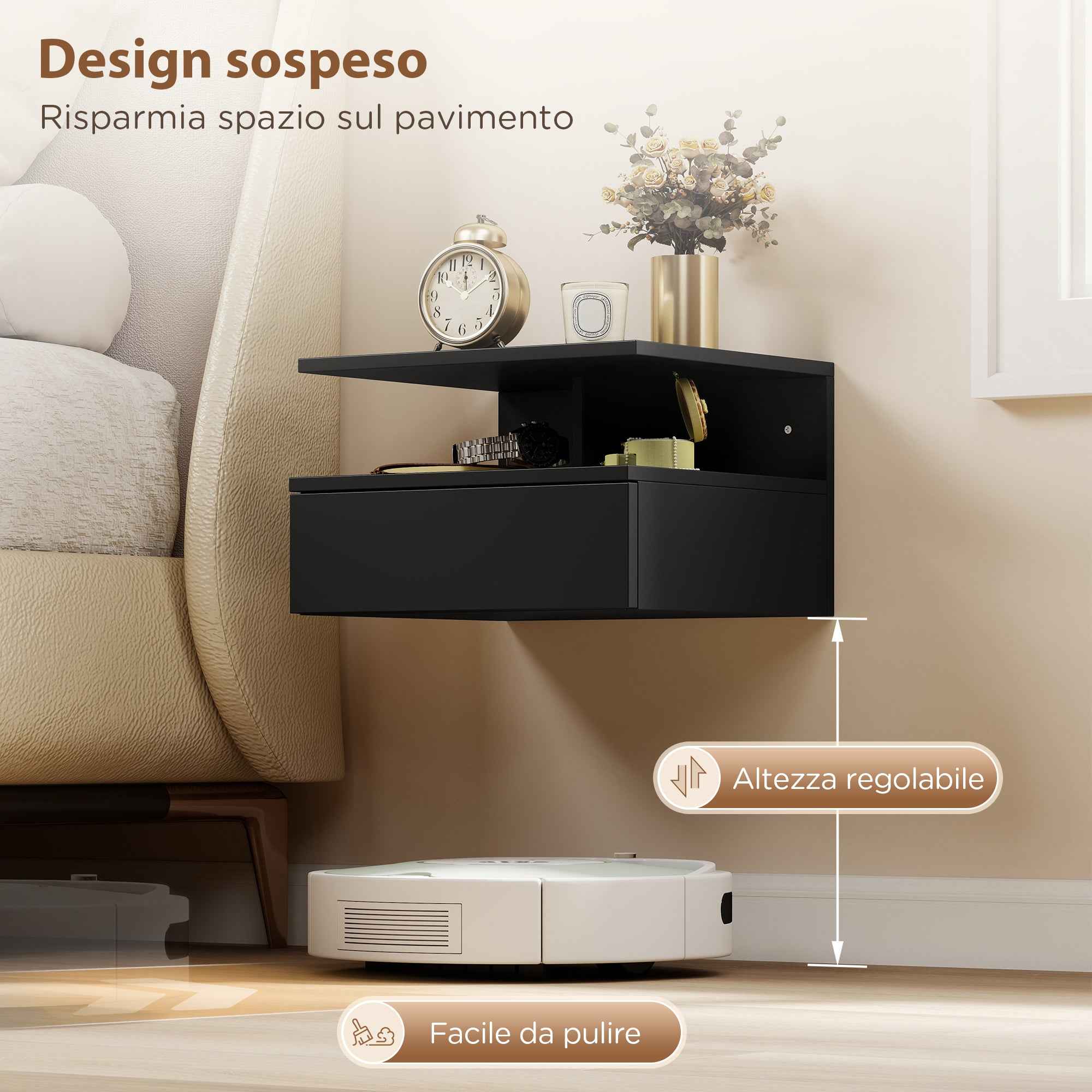 HOMCOM Set of 2 Floating Nightstands with Drawer and Open Shelf, 35x32x22.5 cm, Black
