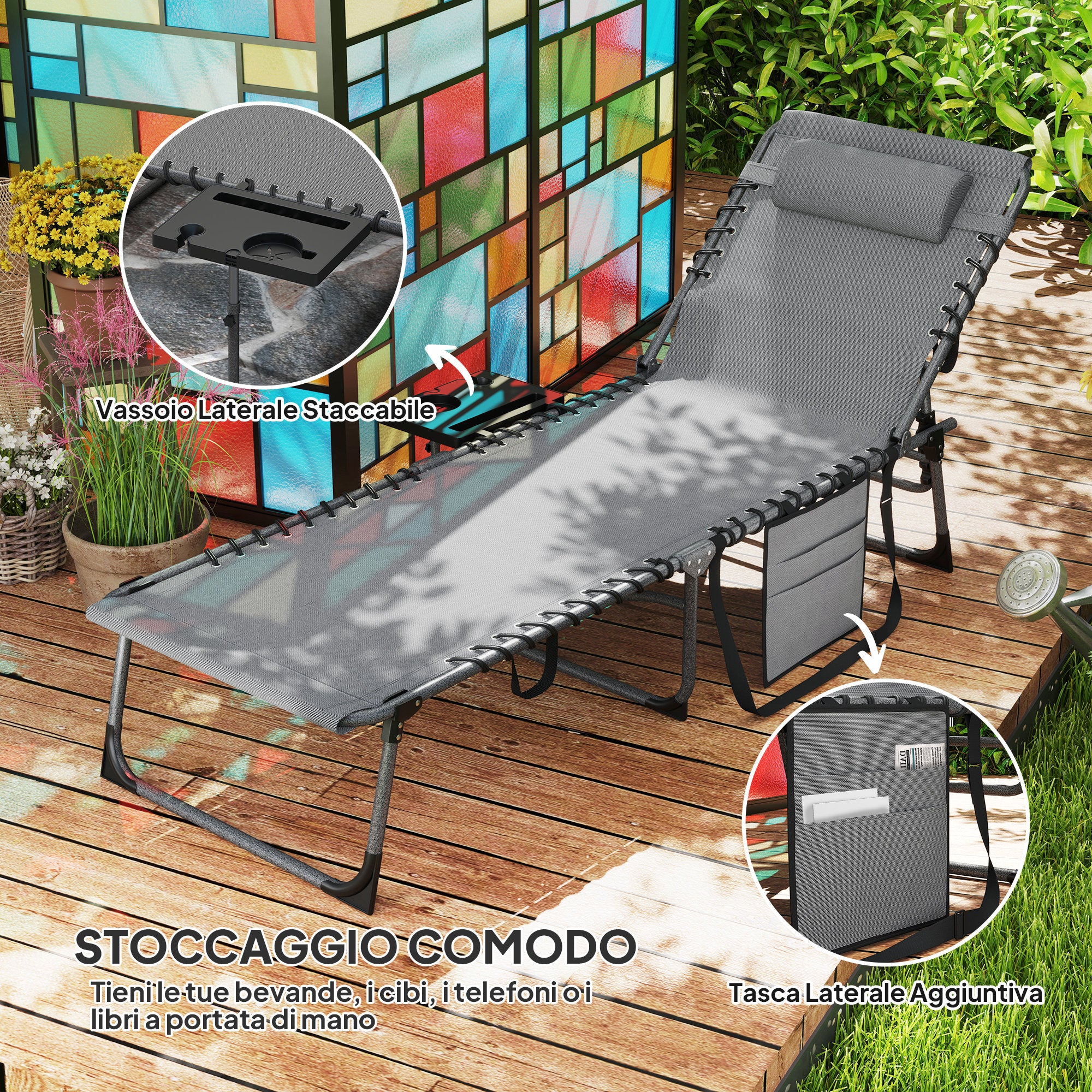 Folding and Reclining Garden Deckchair with 5 Levels with Side Table and Pocket, 60x190x31 cm, Gray and Black