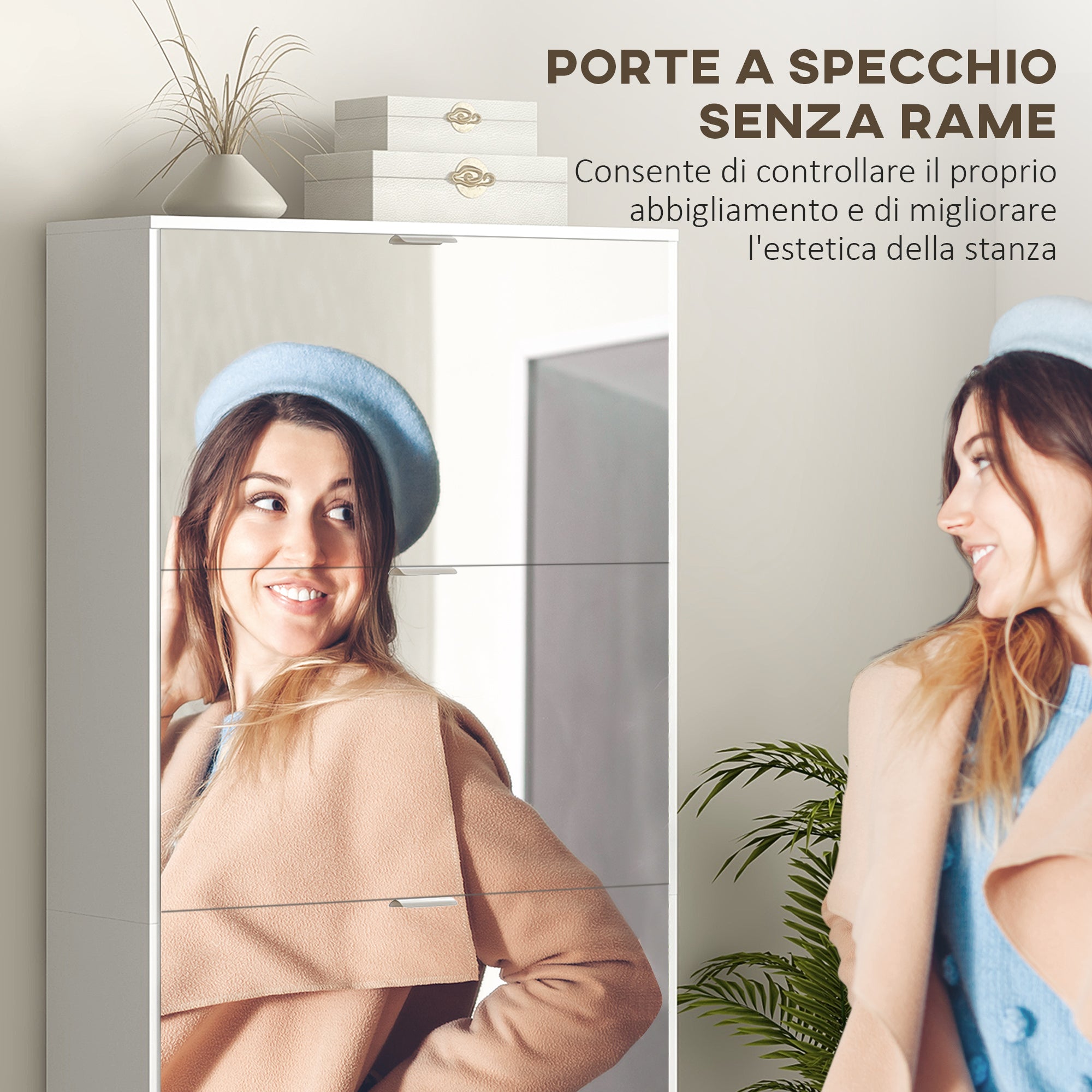 Space-Saving Slim Shoe Rack with Mirror and 4 Drawers for 24 Pairs of Shoes, 76x26x178cm, White