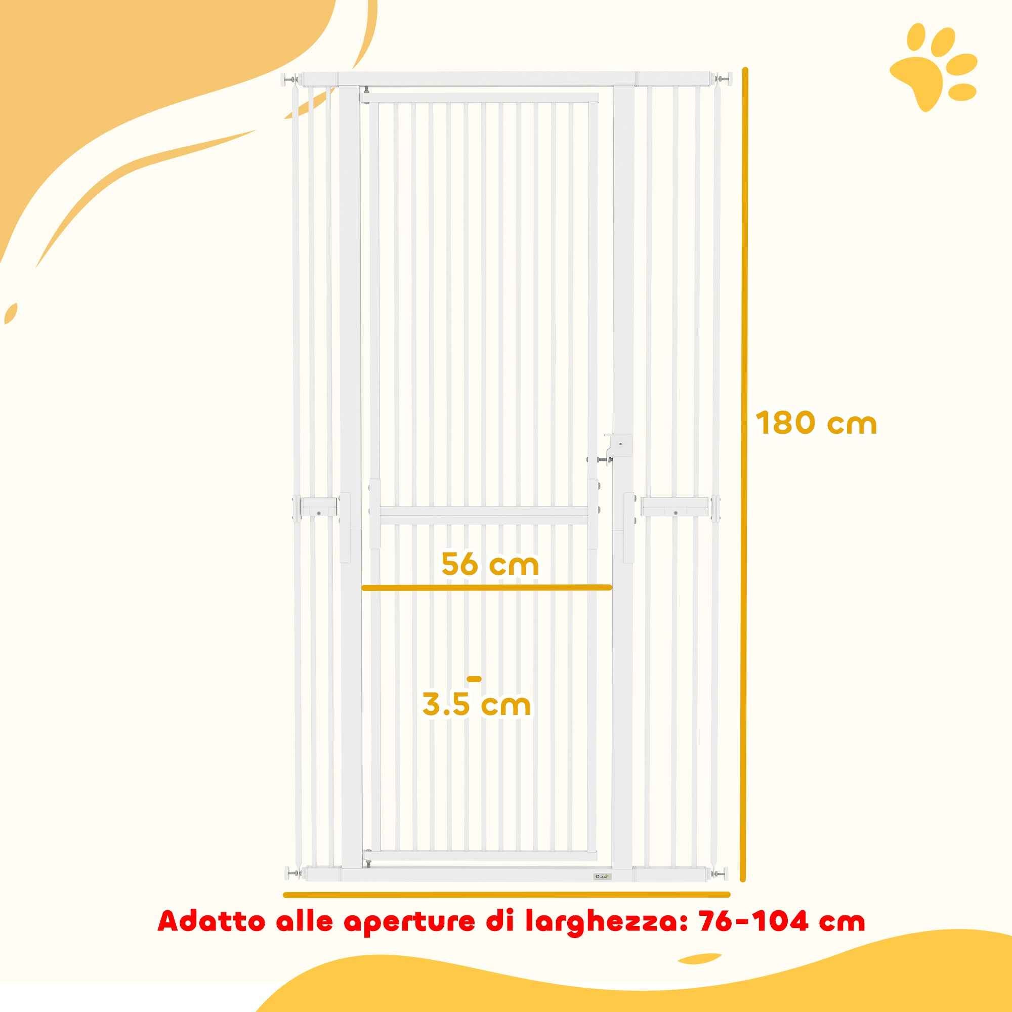 PawHut 180cm High Dog and Cat Gate, Extends from 76-104cm and Push-fits, White