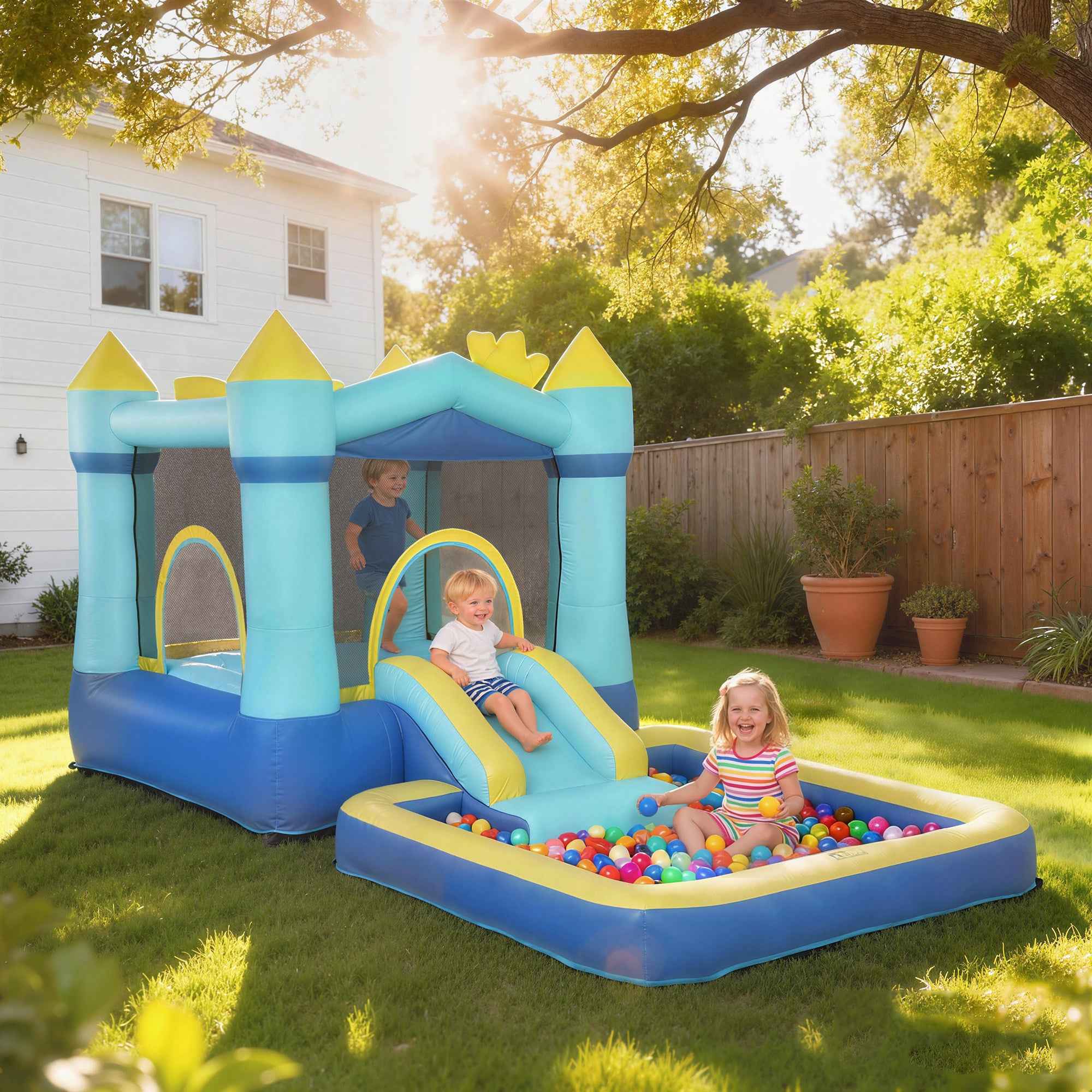 4-in-1 Inflatable Castle for Kids, Slide, Trampoline, Ball Pool/Water Playground, Basketball Hoop, Ages 3-8, Blue