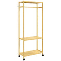 HOMCOM Freestanding Coat Rack with Rail, Shelves and 4 Bamboo Wheels, 70x35x175 cm, Natural Wood
