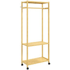 HOMCOM Freestanding Coat Rack with Rail, Shelves and 4 Bamboo Wheels, 70x35x175 cm, Natural Wood
