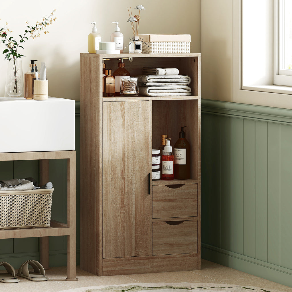 Space-Saving Slim Bathroom Cabinet with 2 Drawers, Shelves and Cabinet, 50x25x100 cm, Natural Wood