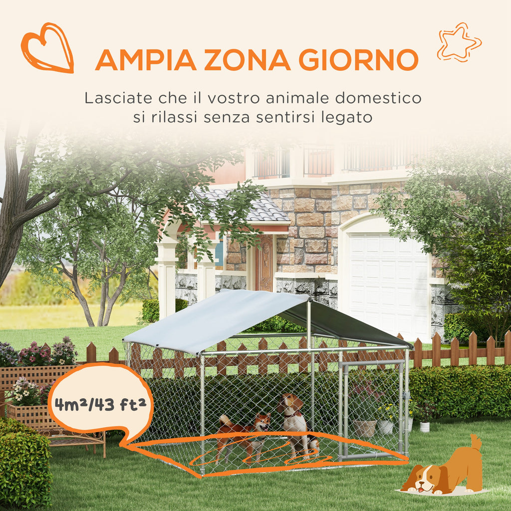PAWHUT FENCE FOR DOGS MEDIUM SITE WITH Waterproof roof, 200x200x150cm, Silver - Borgè