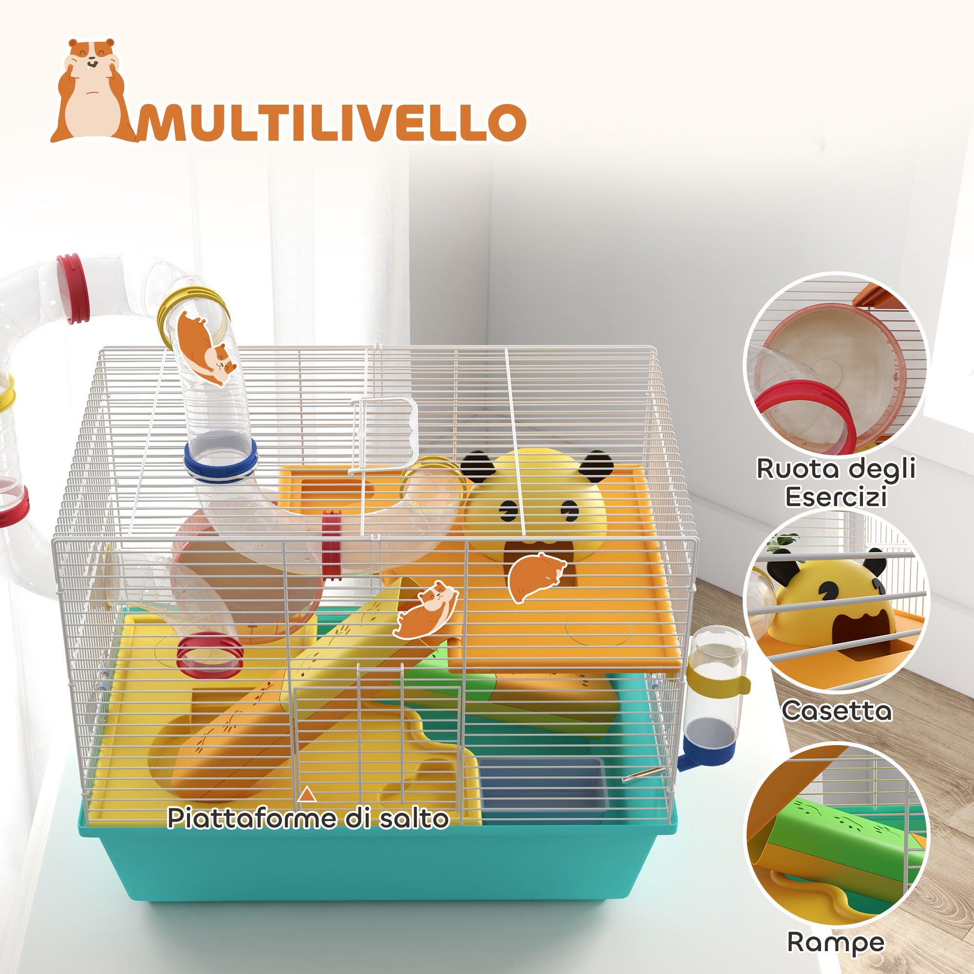PawHut Hamster Cage with Wheel, House, Bowl, Ramps and Tank, in Steel, PS and PP, 45x28x37 cm, White and Blue
