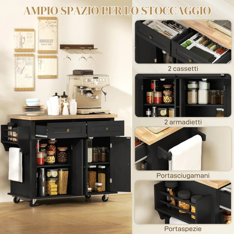 Kitchen Trolley with Drawers, Cabinets and Spice Rack, Made of Wood and MDF, 111x44.5x82.5 cm, Black