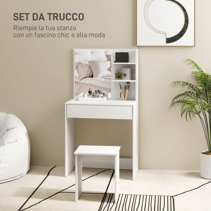 Make-up Table with 3 Shelves and Drawers with Mirror and Stool, 75x40x137 cm, White