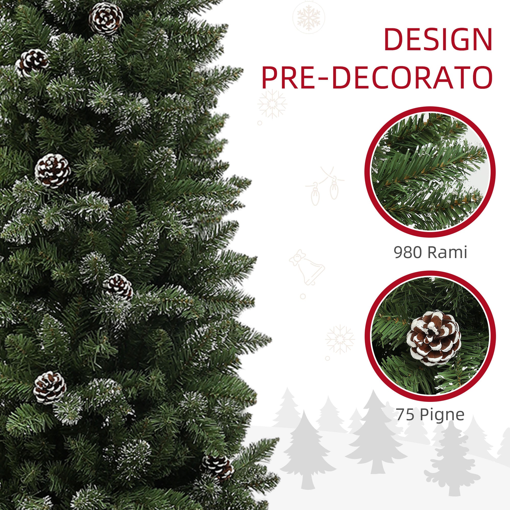 225cm Tall Snow-Covered Christmas Tree with 980 Branches, Pine Cones and Steel Base