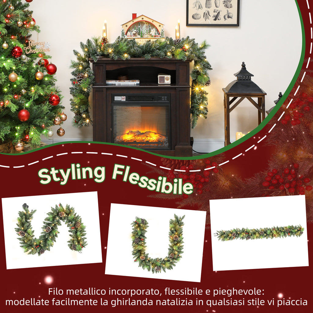 180cm Christmas Garland with Snow-Covered Branches and 30 White Lights, Pine Cones and Berries for Indoors