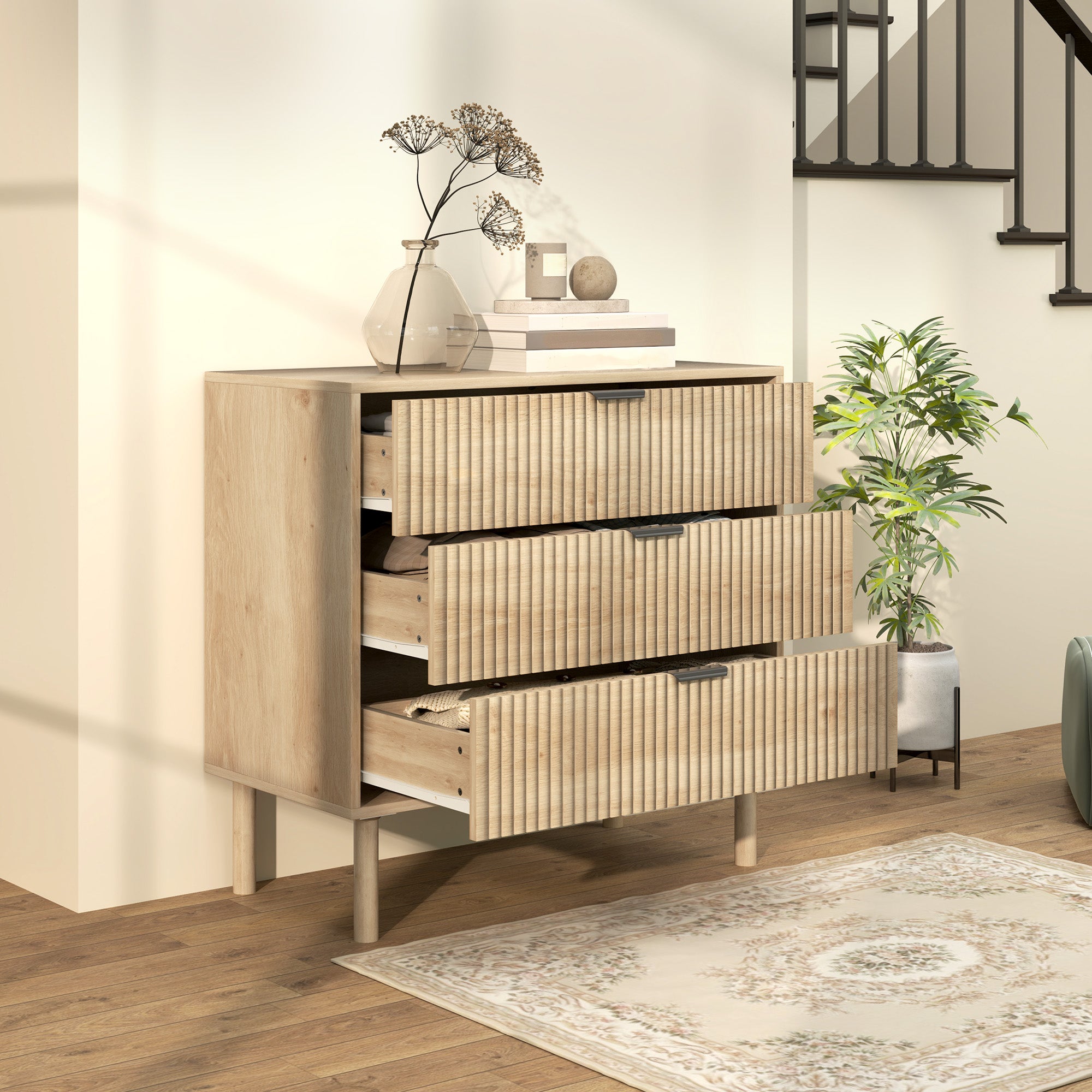 3 Drawer Wooden Chest of Drawers for Bedroom and Entrance Nordic Style, 80x40x77.5 cm, Oak
