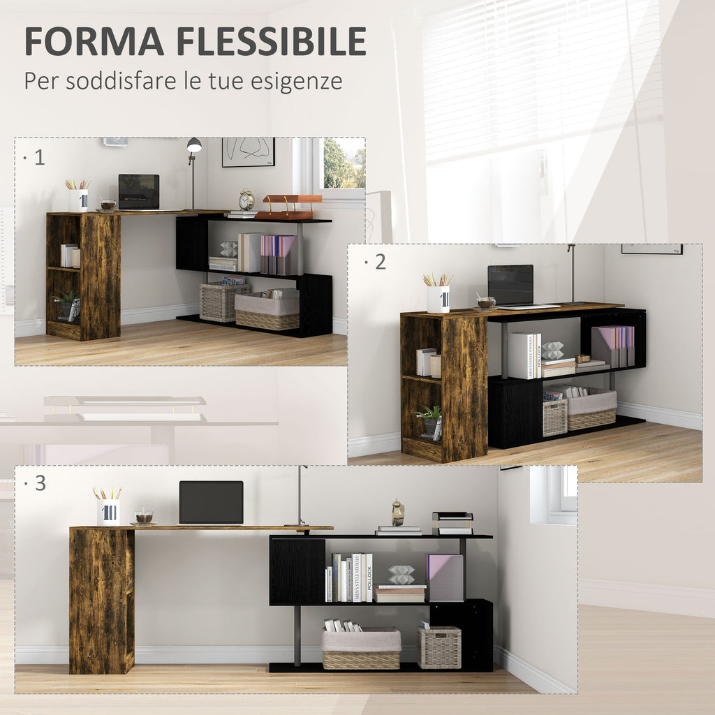 Space-Saving Corner Desk with S-Shaped Shelf, Wooden, 140x120x78 cm, Brown and Black