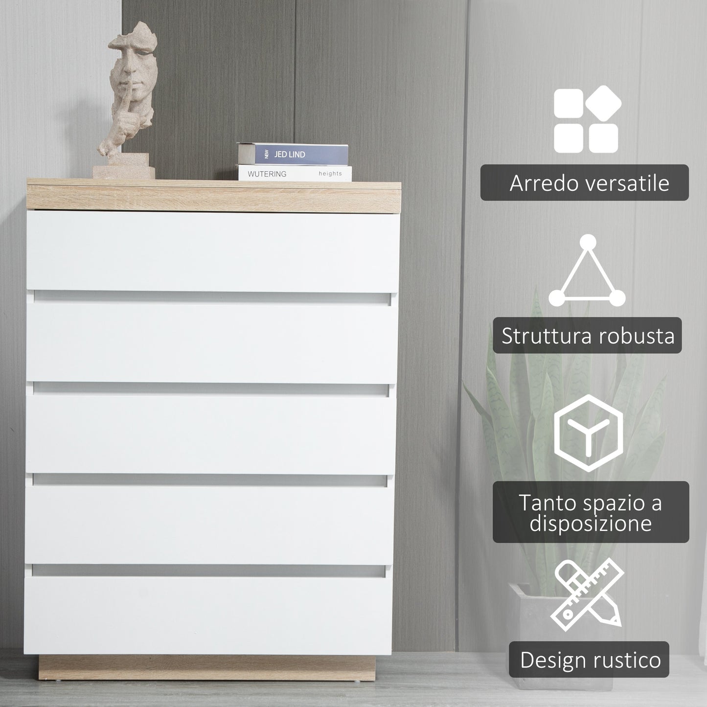 Minimal 5 Drawer Chest of Drawers in Wood, 80x40x109 cm, White and Oak Color