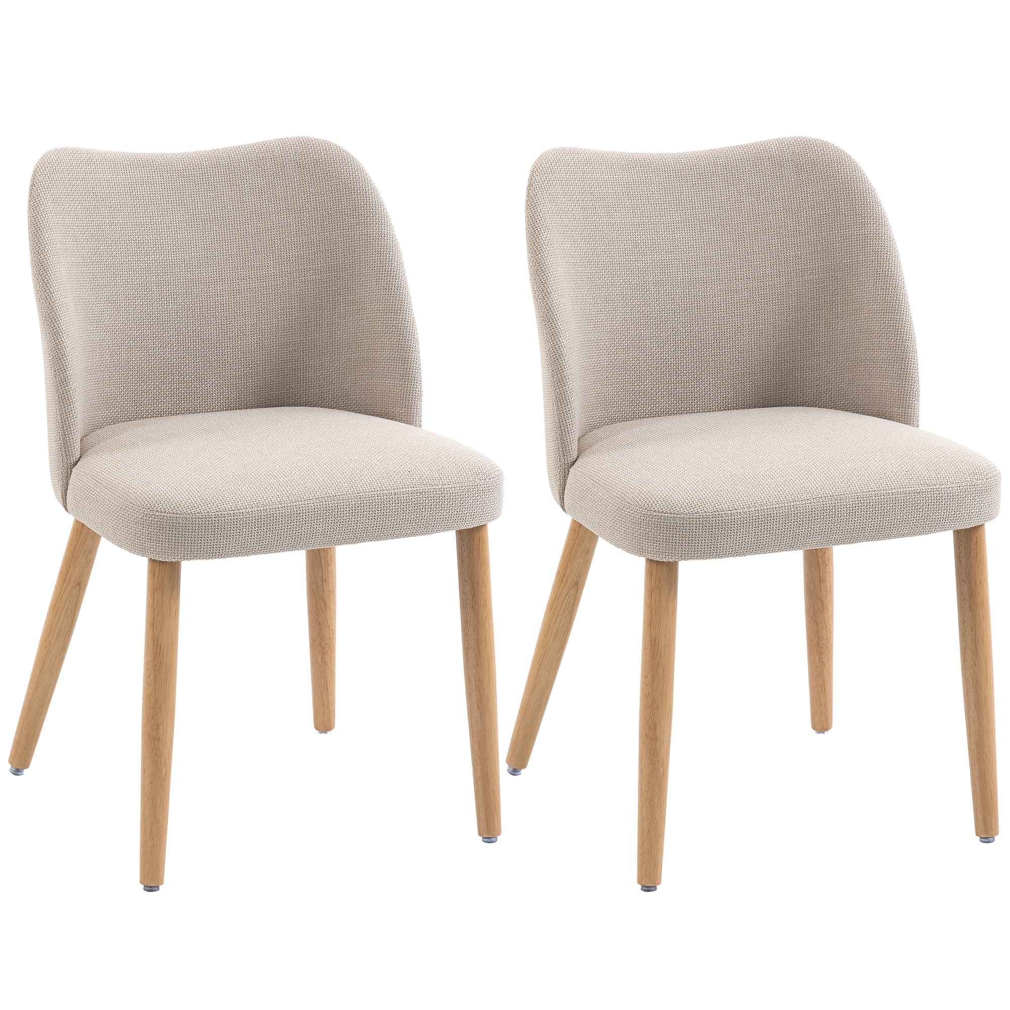 HOMCOM Set of 2 Dining Chairs in Linen-Effect Fabric and Rubber Wood, Padded Seat, Curved Backrest, Cream