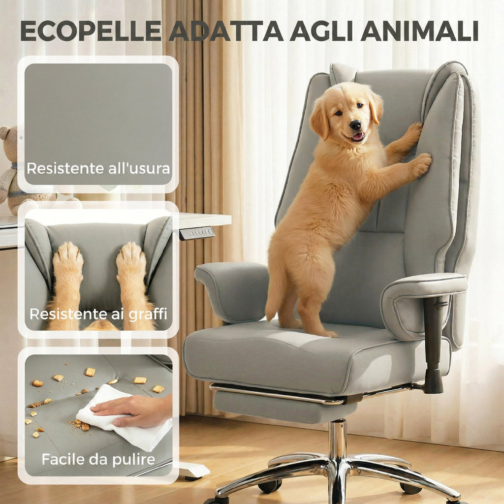 HOMCOM Ergonomic Reclining Office Chair with Footrest, High Back, Adjustable Height, Light Grey