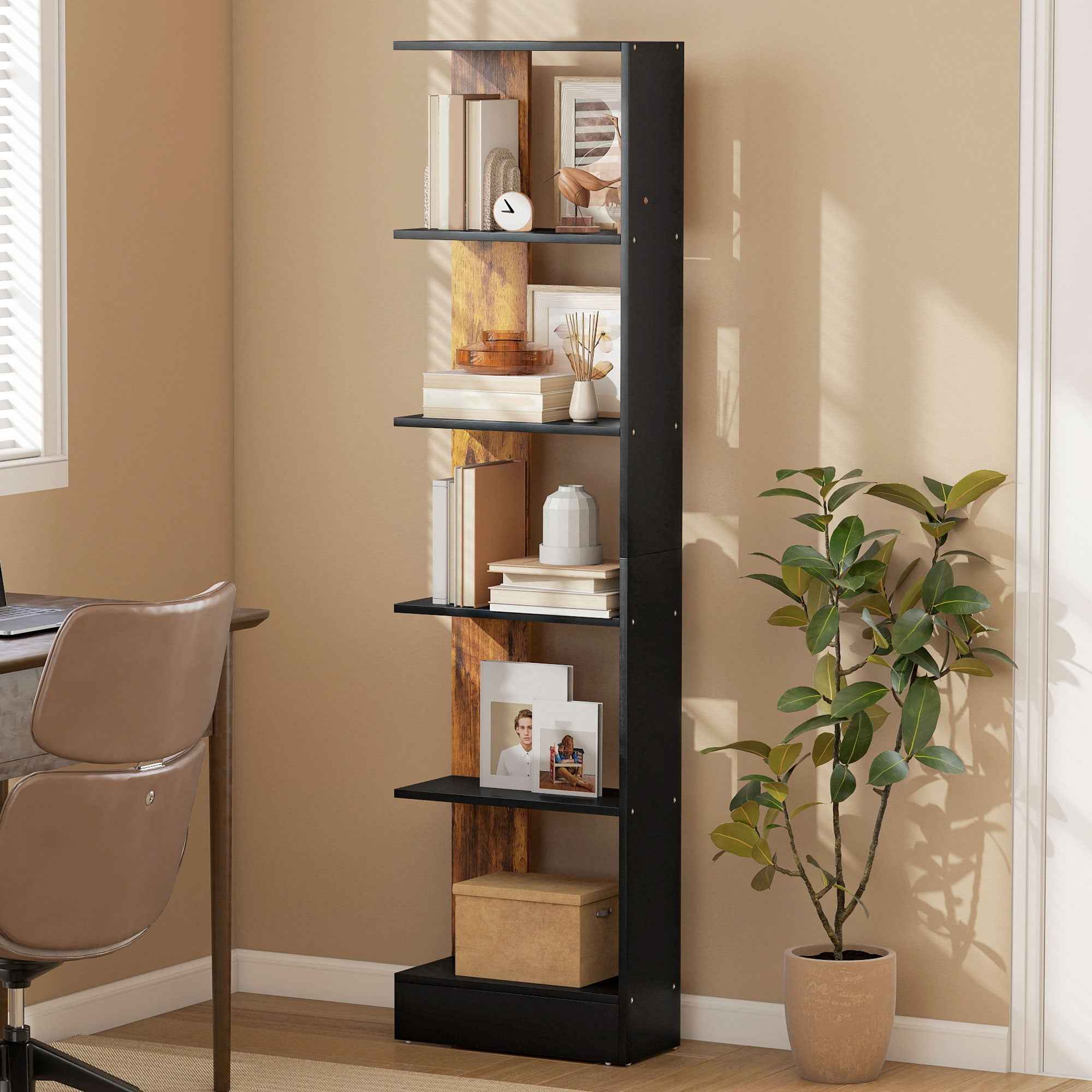 HOMCOM Modern Space-Saving 5-Tier Wooden Bookcase, 45 x 21 x 170 cm, Brown and Black