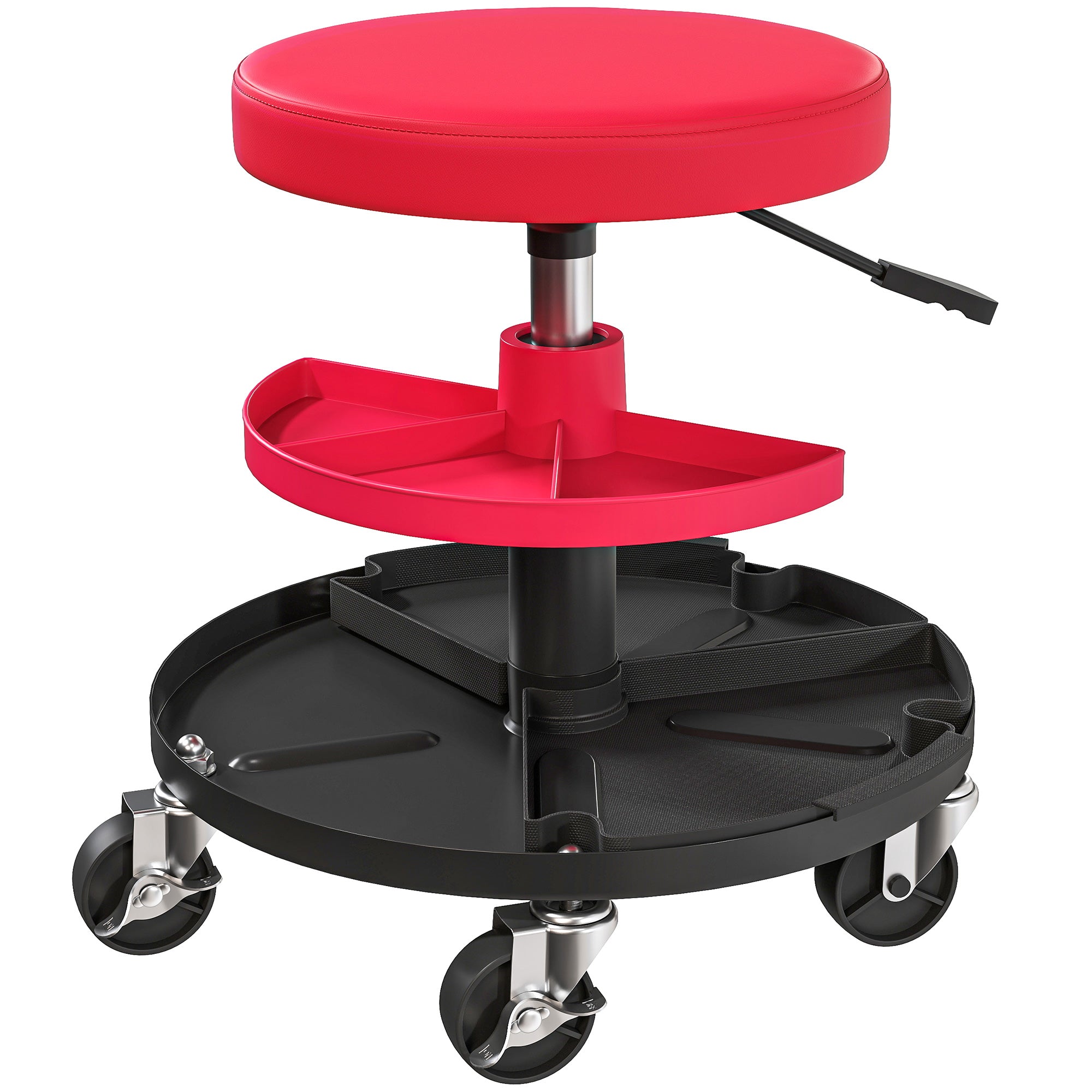 HOMCOM Workshop Stool with 6cm Wheels, Capacity up to 135kg, Adjustable Height 40-51cm, with Tool Trays, Red