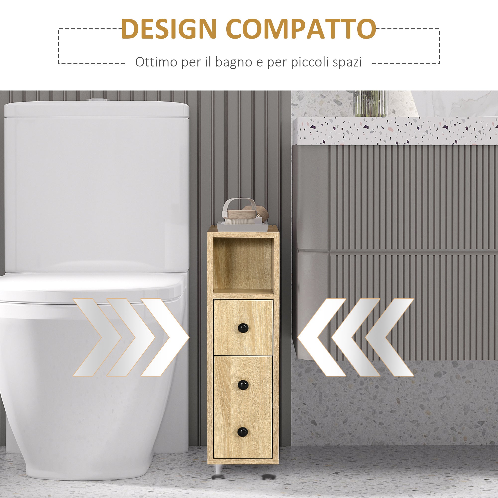 Kleankin Bathroom Cabinet, Bathroom Furniture with 4 Wheels, 1 Drawer, 1 Cabinet with Door, 2 Open Cabinets, Oak Color, 18x30x68.5 cm
