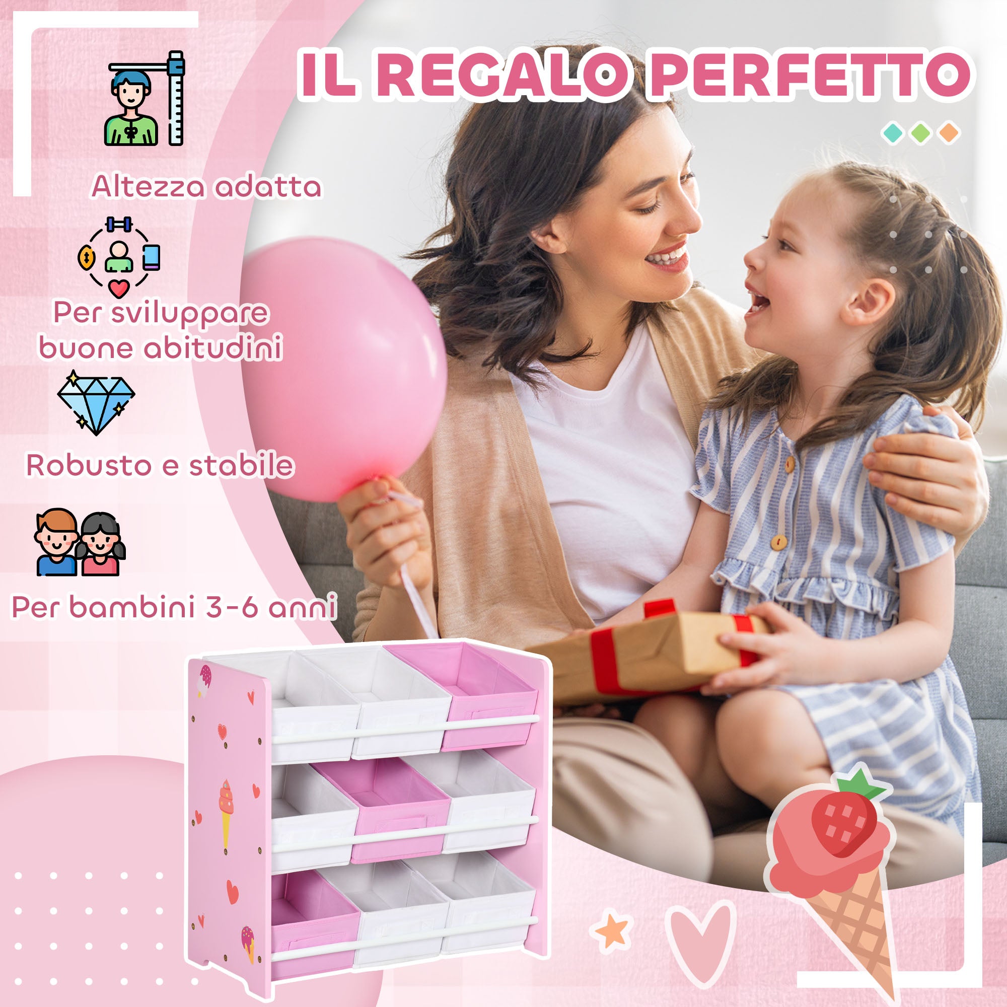 Toy Cabinet with 9 Removable Baskets in Wood and Fabric, 63x30x60 cm, Pink and White