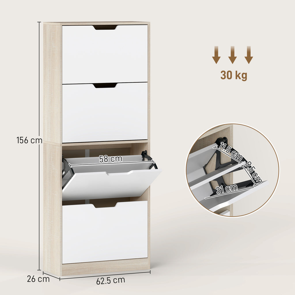 Space-Saving Slim Shoe Rack with 4 Drawers for 20 Pairs of Shoes, 62.5 x 26 x 156 cm, Wood and White