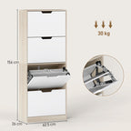 Space-Saving Slim Shoe Rack with 4 Drawers for 20 Pairs of Shoes, 62.5 x 26 x 156 cm, Wood and White