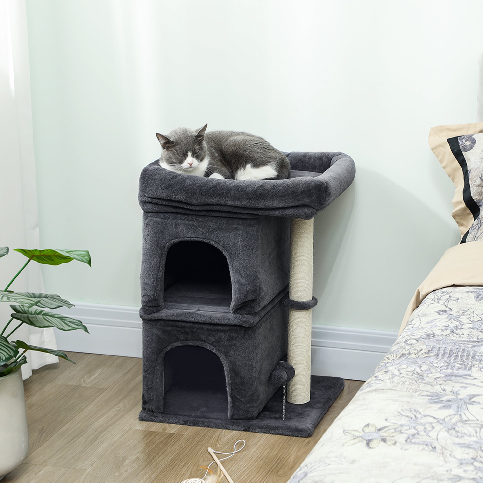 Cat Tower for Cats up to 7 kg with 2 Houses and Bed, Sisal Pole and Plush Cover, Dark Grey
