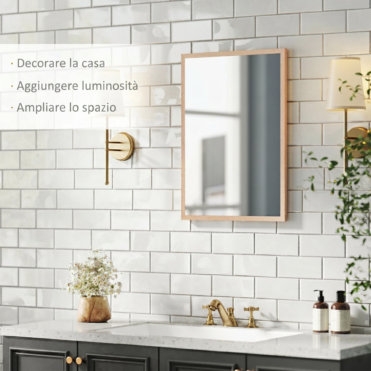 HOMCOM Rectangular Wall Mirror with Hooks, Glass and MDF Wall Mirror, 50x70 cm, Wood Color