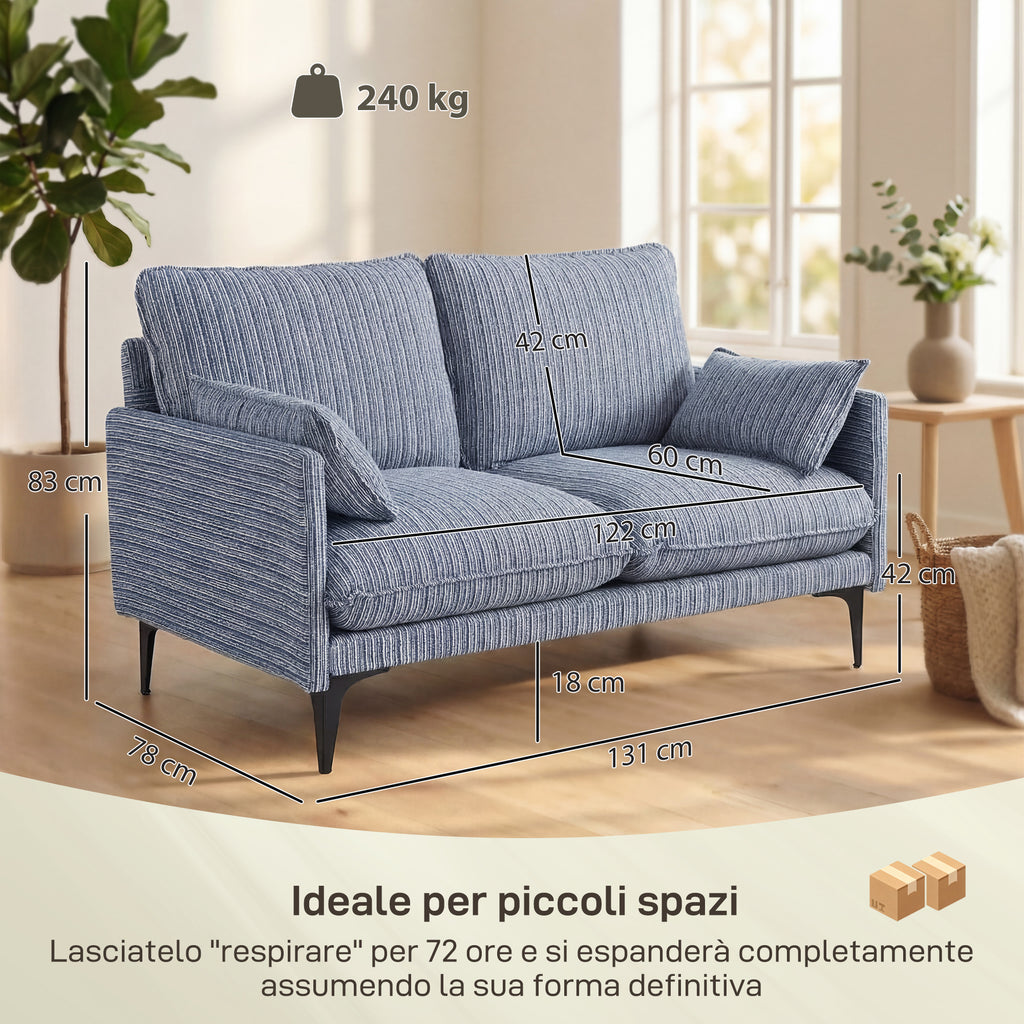 HOMCOM 2-Seater Fabric Sofa with Armrests, Thick Padding and 2 Cushions, 131x78x83 cm, Blue