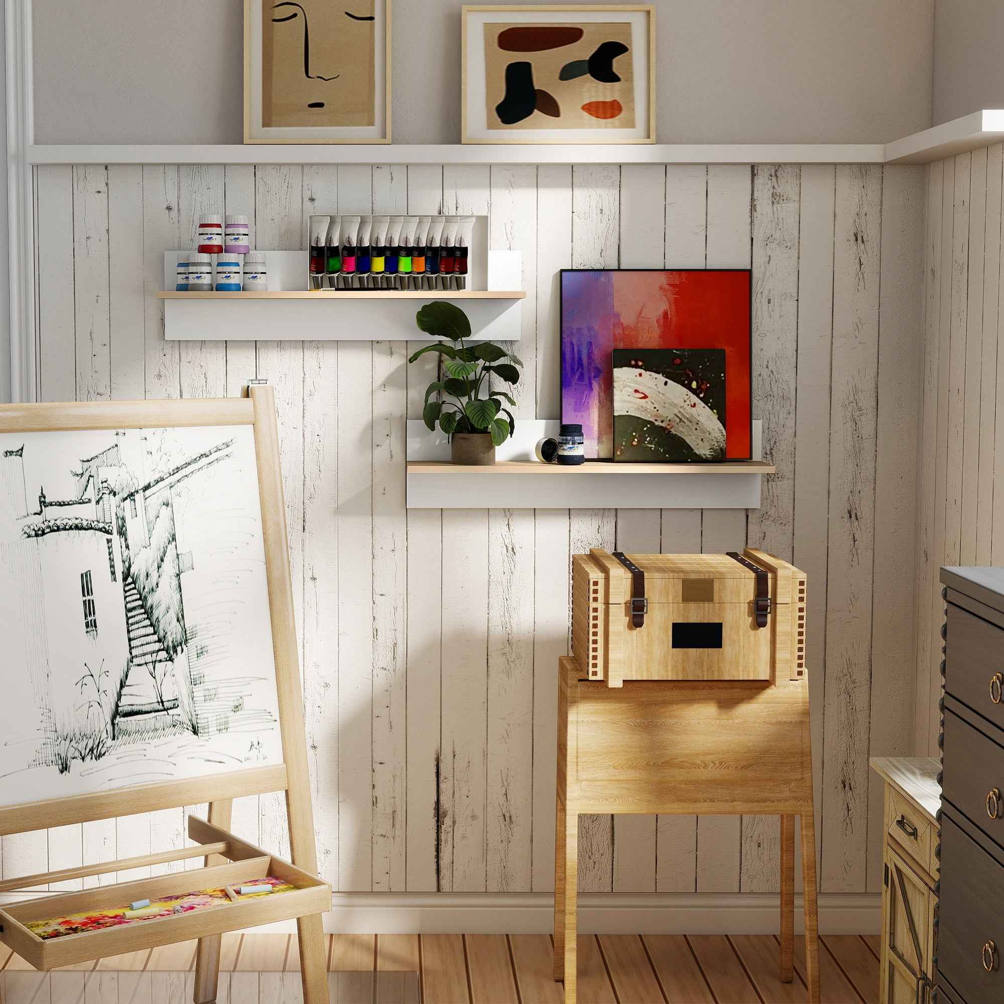 HOMCOM Set of 2 Wooden Wall Shelves for Home and Office, 80x16.5x20 cm, White and Wood Color
