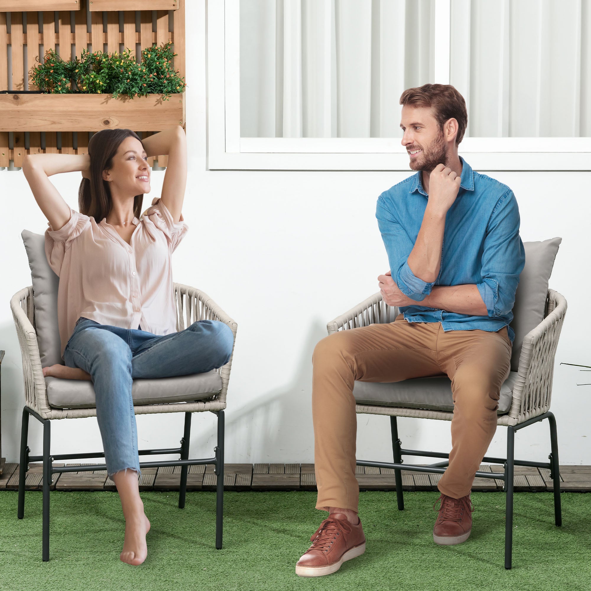 Outsunny set 2 boho -style garden chairs with rope coating and padded cushions, gray - Borgè