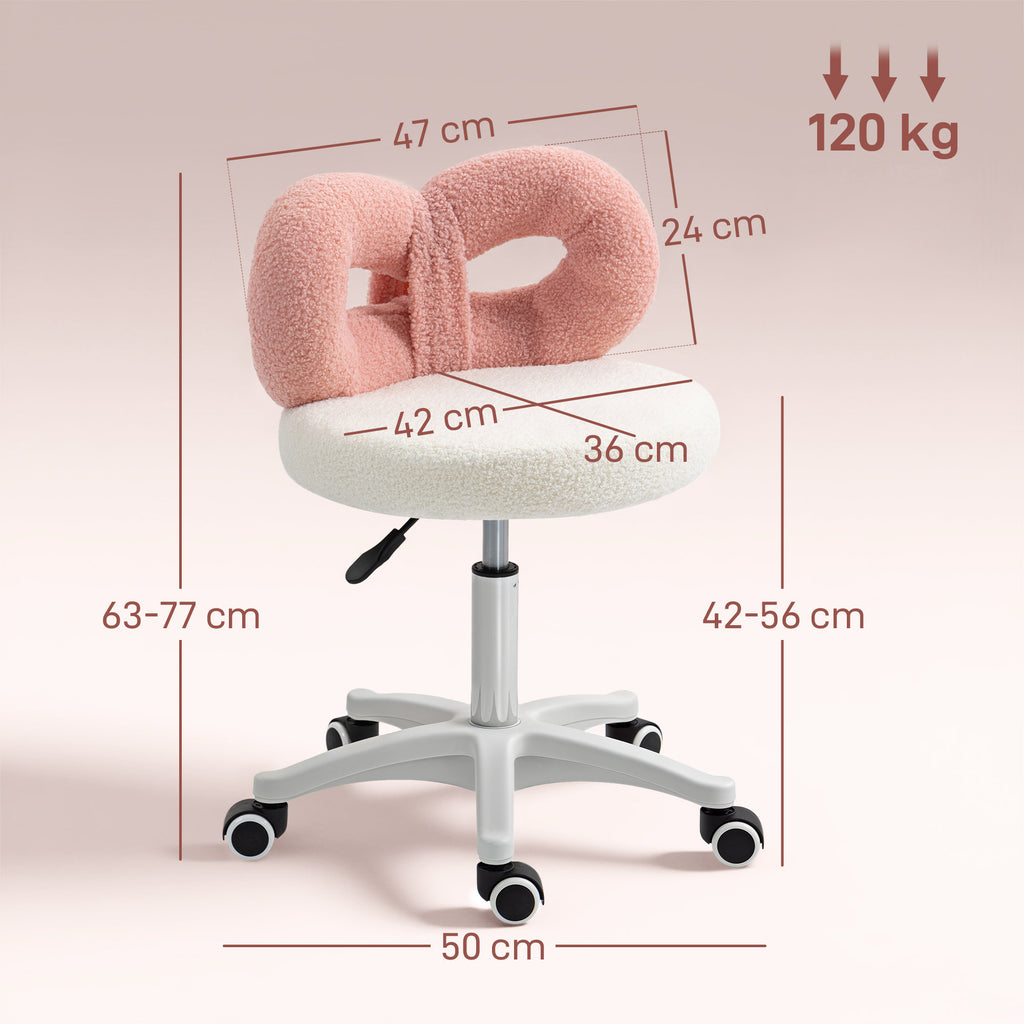 Height-Adjustable Swivel Stool with Arched Backrest, Teddy Fabric, 50x50x63-77 cm, White and Pink