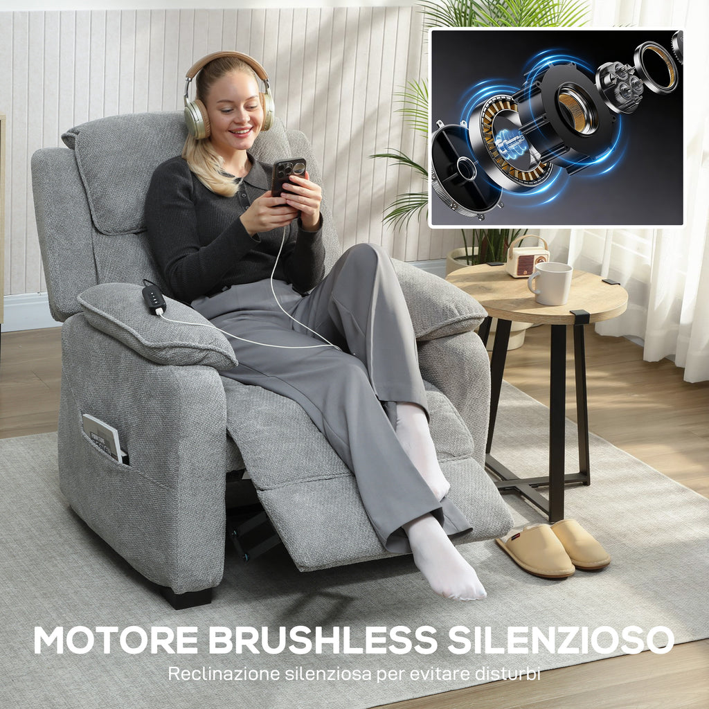 HOMCOM 150° Reclining Velvet Armchair with Footrest, Remote Control and Side Pocket, 96x90x103 cm, Grey