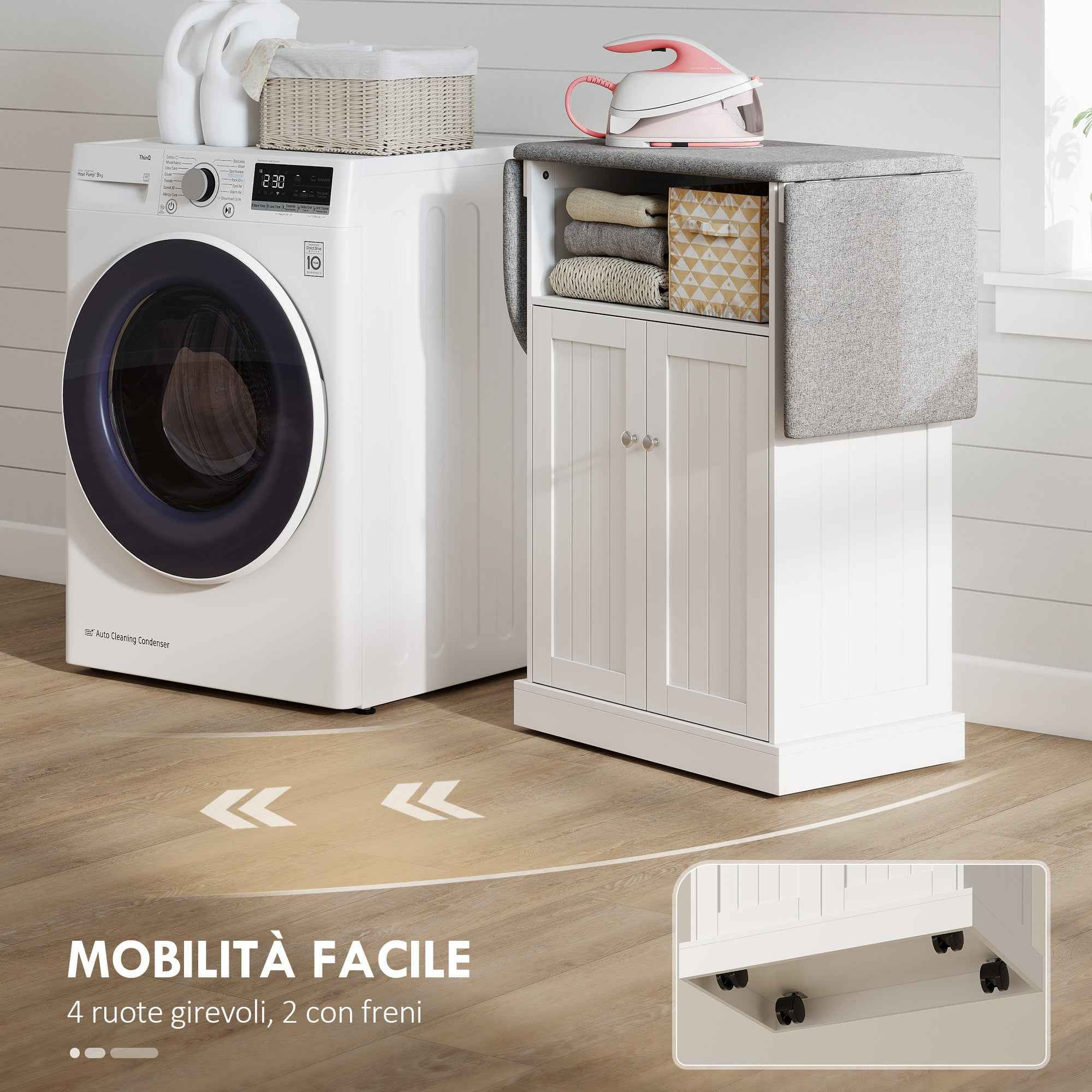 Ironing Cabinet with Folding Ironing Board and Cabinet, 131x37x88.5 cm, White