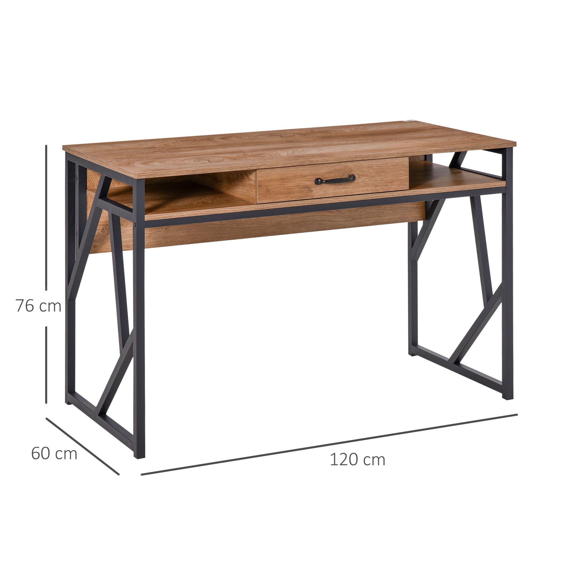 Modern Industrial Style Metal and MDF Desk, Shelves and Drawer for Home and Office, 120x60x76cm Black and Brown