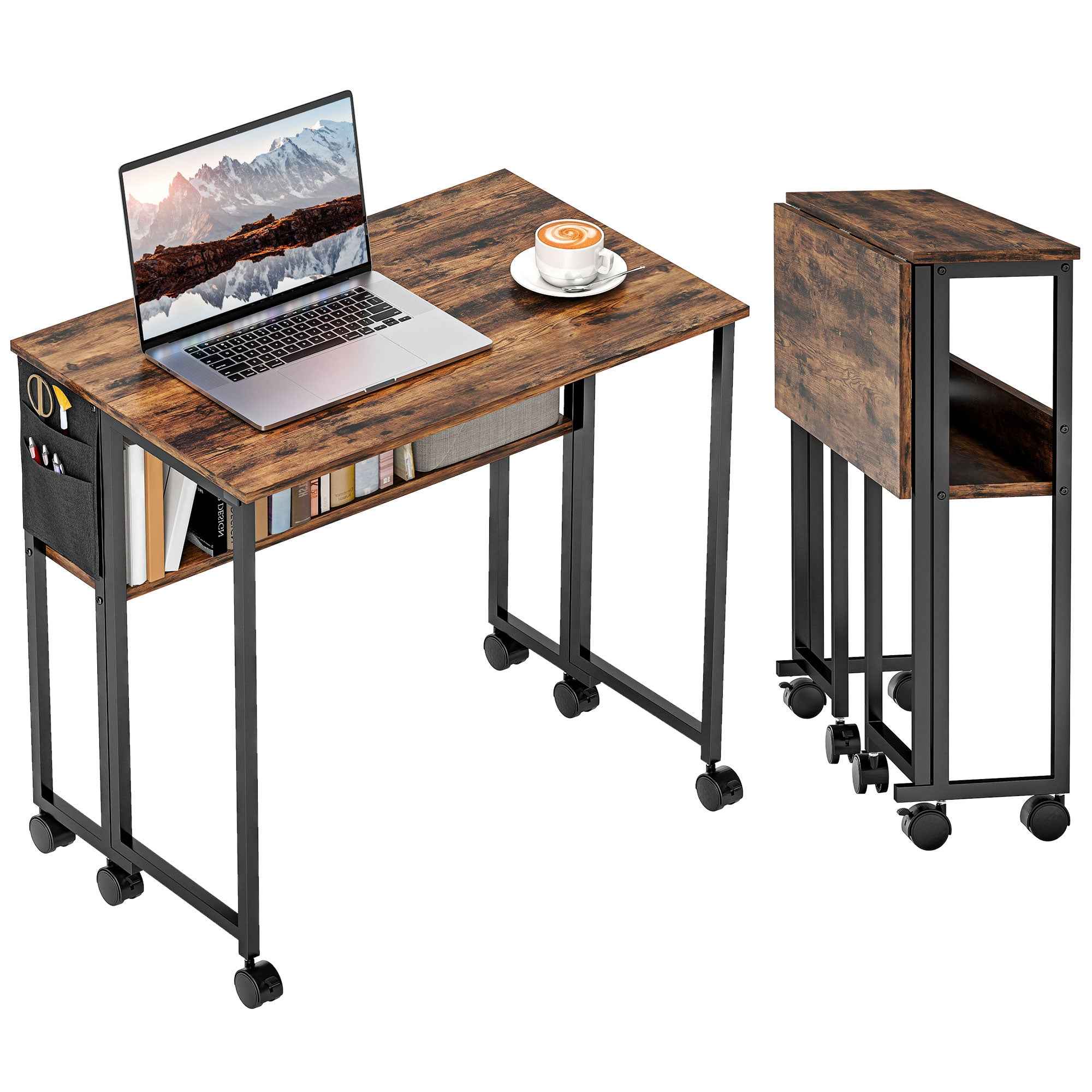 HOMCOM Folding Desk on Wheels 80 x 50 cm with Shelf and Storage Bag, Rustic Brown