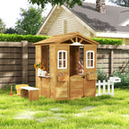 Wooden Children's Playhouse with Windows, Fence and Bench, 205x119x140 cm, Natural Wood
