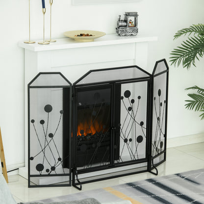 Foldable Spark Screen for Fireplace in Steel and Black Metal with 2 Magnetic Closing Doors, 125x80cm