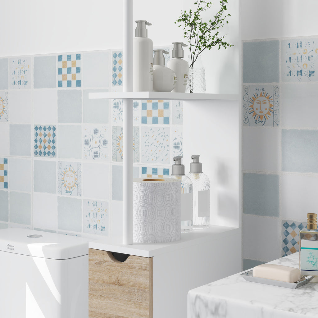 Space-saving bathroom column cabinet with cabinet, shelves and drawers, 15x33x136 cm, wood color