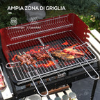 Charcoal Barbecue with Adjustable Grill and 3 Wooden Metal Shelves, 103x47x95 cm, Red