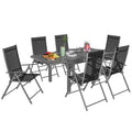 7 Piece Garden Set with 6 Folding Chairs and Extendable Table, in Steel, Aluminum and Mesh Grey and Black