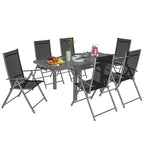 7 Piece Garden Set with 6 Folding Chairs and Extendable Table, in Steel, Aluminum and Mesh Grey and Black