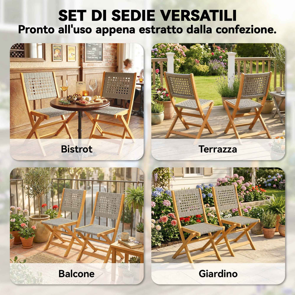 Outsunny Set of 2 Folding Garden Chairs in PE Rattan and Acacia Wood, Supports up to 160 kg, Grey